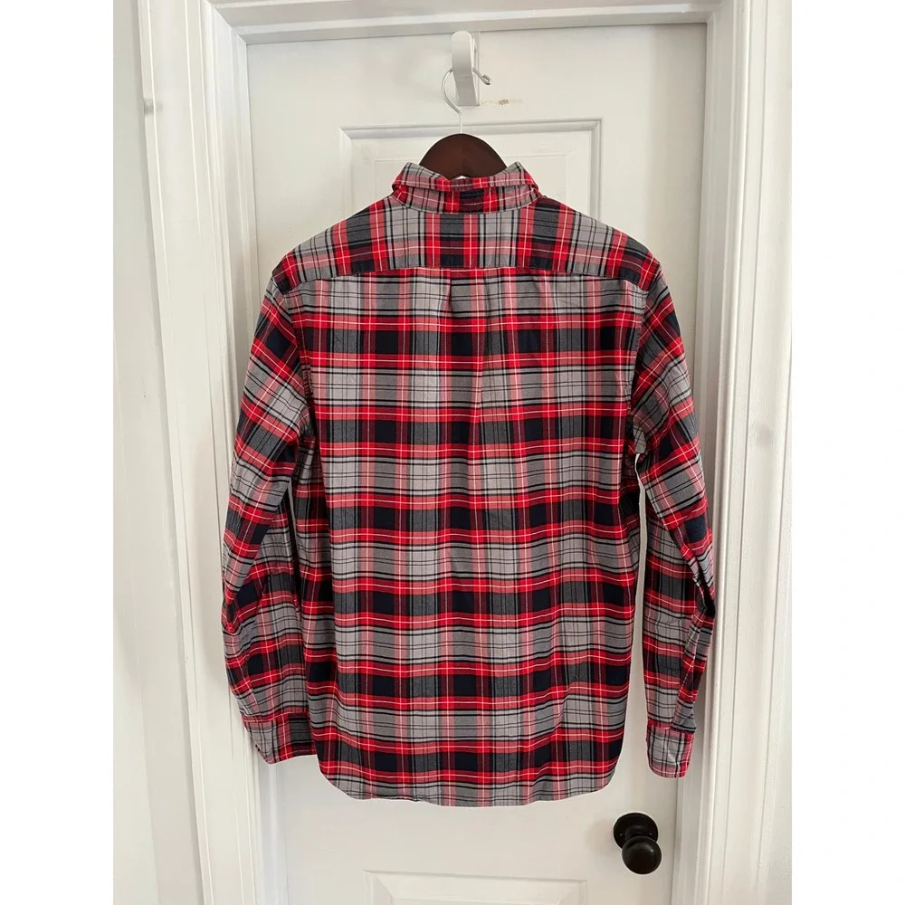 J.Crew Slim All Cotton Oxford Shirt‎ Red Grey Plaid Button Down K1975 Mens L